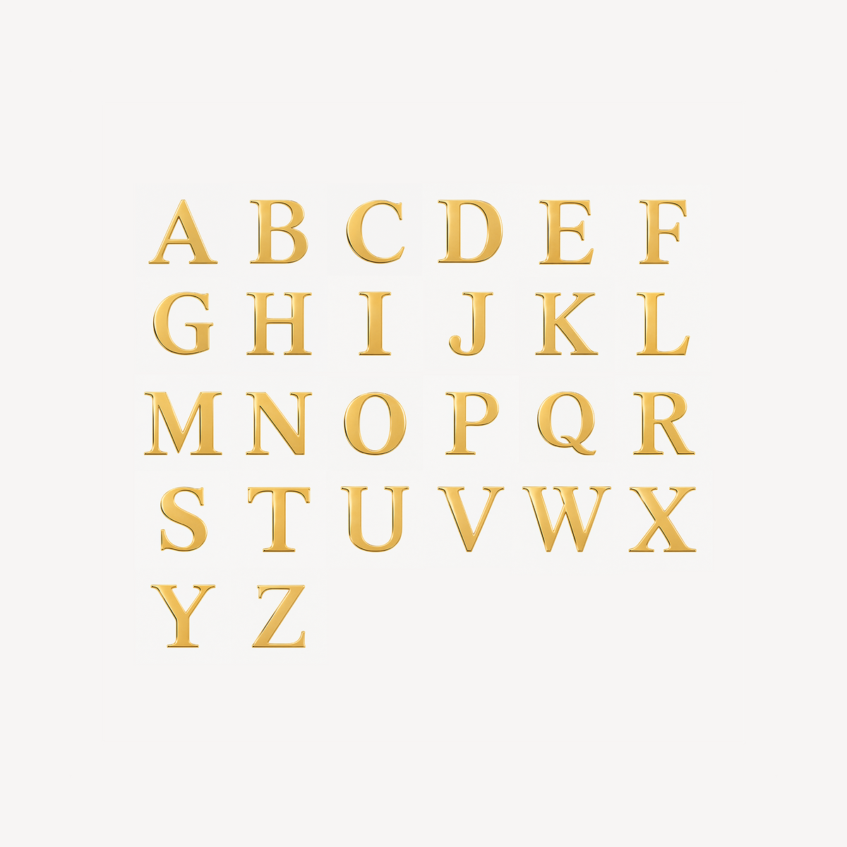 Alphabetty initial options: all 26 uppercase letters from A to Z in the pendant’s gold serif style.