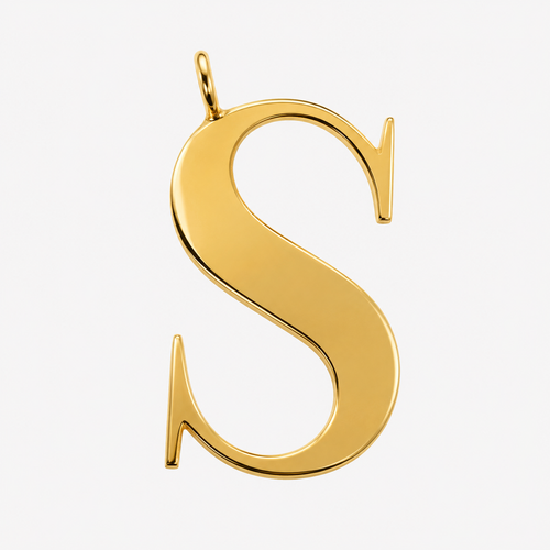 Alphabetty letter S pendant in polished 18K gold, with a classic serif shape and a small hanging loop.