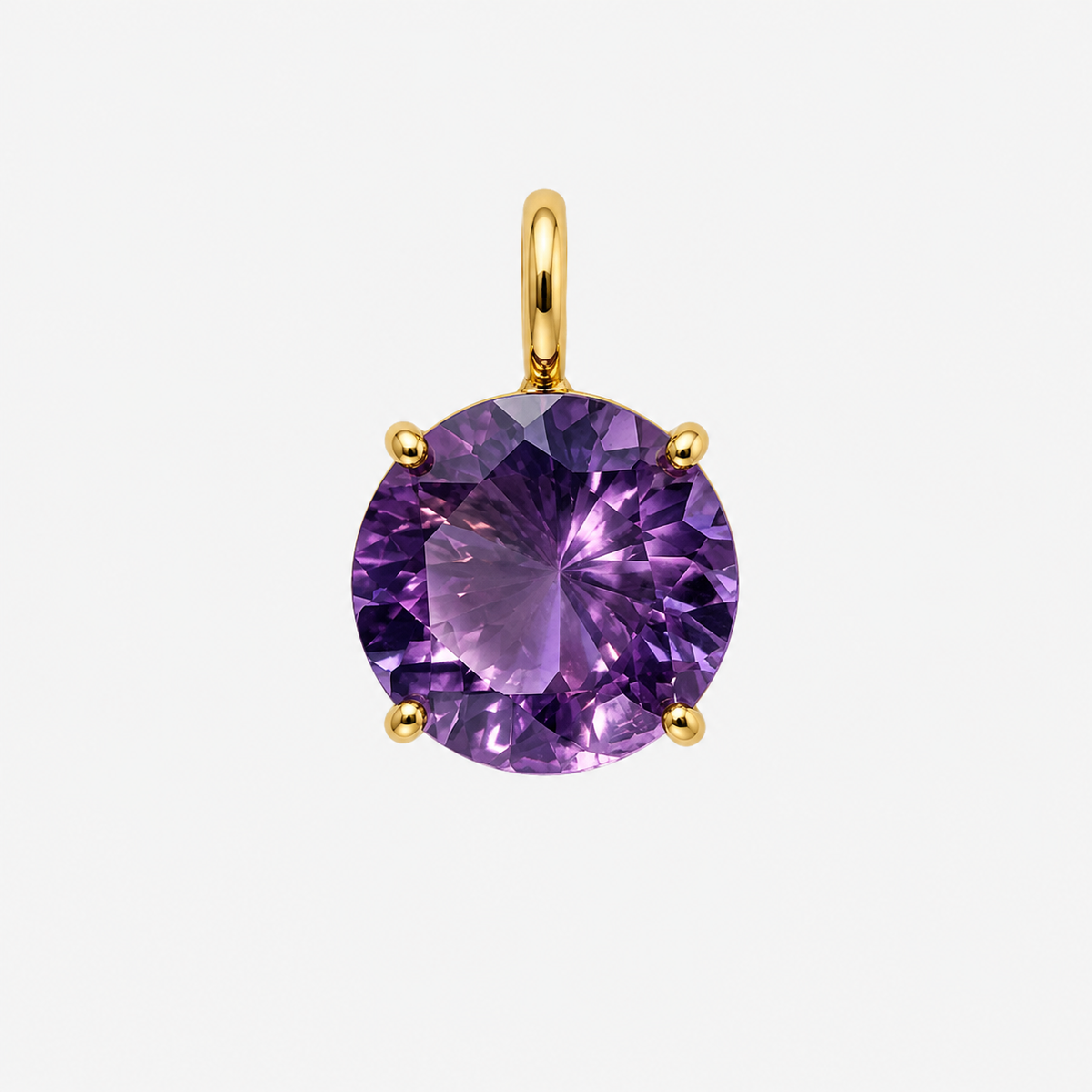 Round purple amethyst charm in a four-claw 18K gold setting with a hinged gold bail, front view.