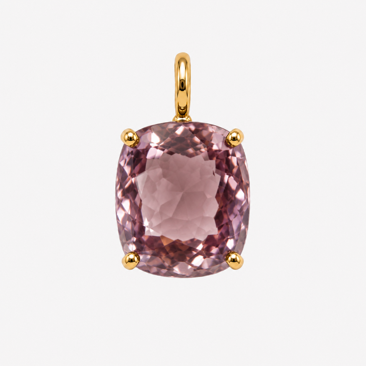 Cushion-cut ametrine charm in a pale lilac shade, held by four 18K gold claws beneath a polished gold bail.