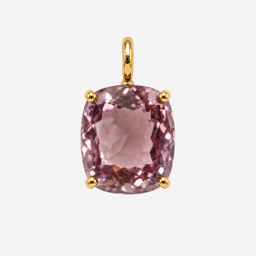 Cushion-cut ametrine charm in a pale lilac shade, held by four 18K gold claws beneath a polished gold bail.