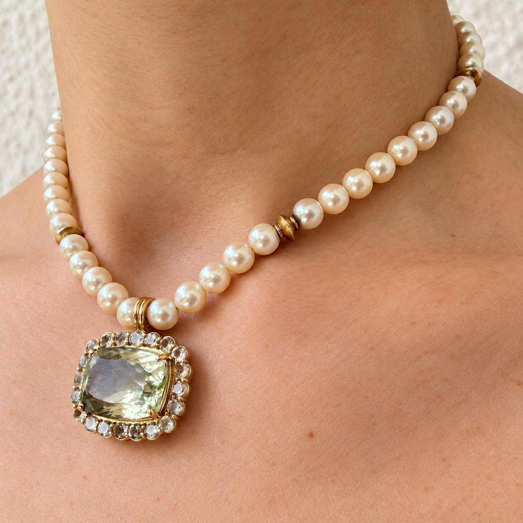 Angled close-up of the Amira green amethyst and white sapphire pendant worn on a pearl necklace with gold spacers.