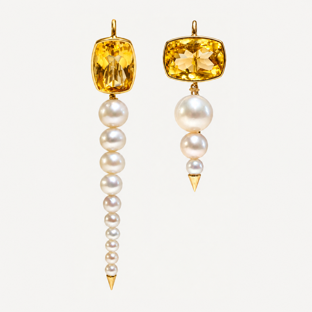 Pair of mismatched Anoud citrine and graduated pearl earrings in 18K gold, in long and short lengths.