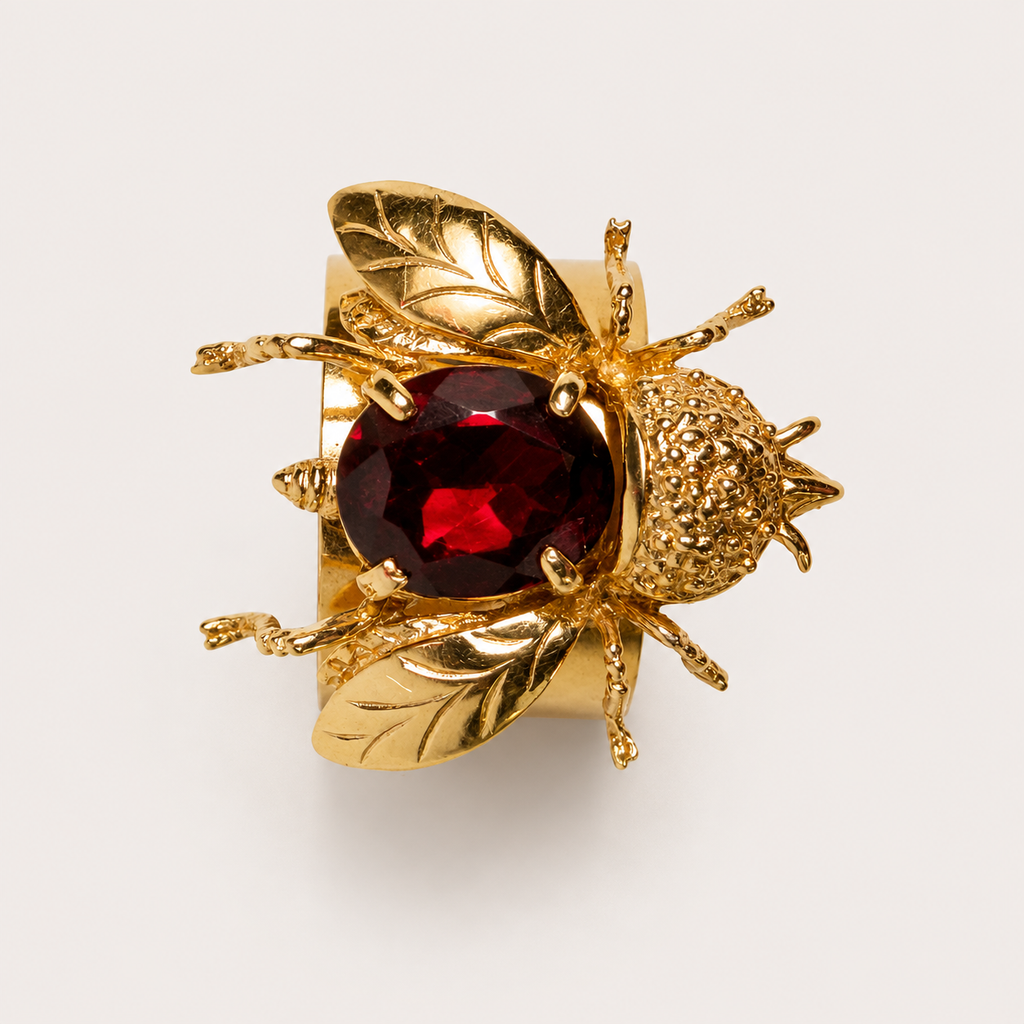 Top view of the Buzz bumblebee ring, showing its faceted red gemstone, engraved gold wings, textured head and six sculpted legs.