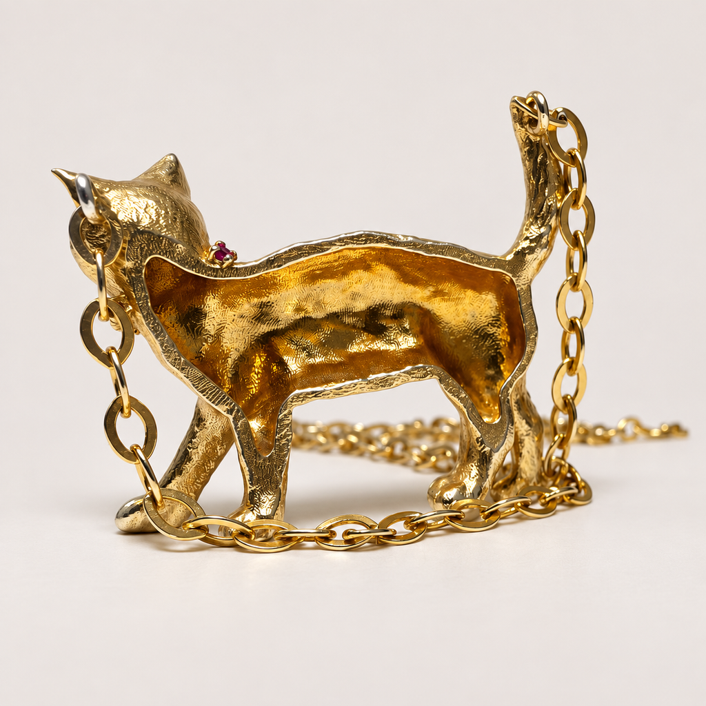 Reverse of the Charlie 18K gold cat pendant, showing its hollow back and chain attached at the head and raised tail.