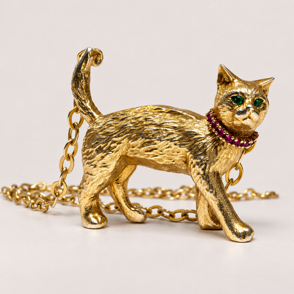 Side view of the Charlie 18K gold cat pendant, showing textured fur, emerald eyes, a ruby collar and raised tail.