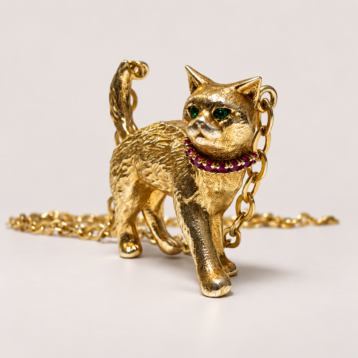 Charlie cat pendant in textured 18K gold, shown from the front with emerald eyes, a ruby collar and a raised tail.