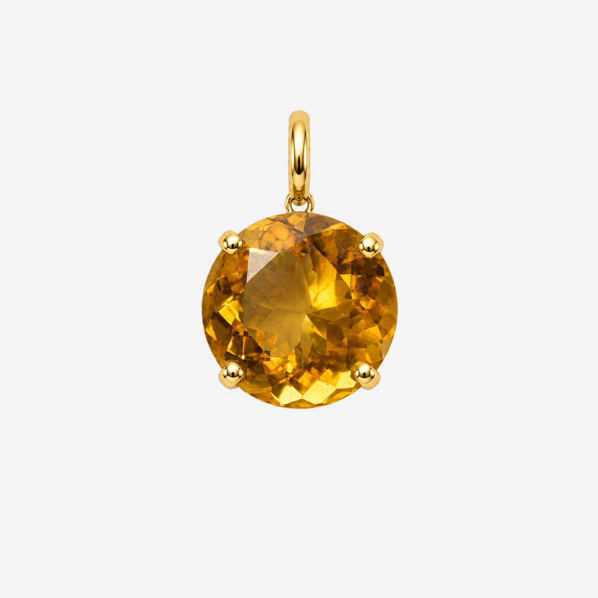 Front view of the round golden citrine charm, held by four 18K gold claws beneath a hinged gold bail.
