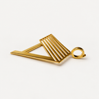 Angled view of the 18K gold Deco initial A pendant showing its openwork design and round offset clasp.