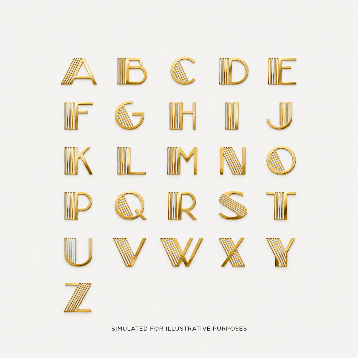 Gold metallic alphabet letters A through Z arranged in a grid on a light off-white background.