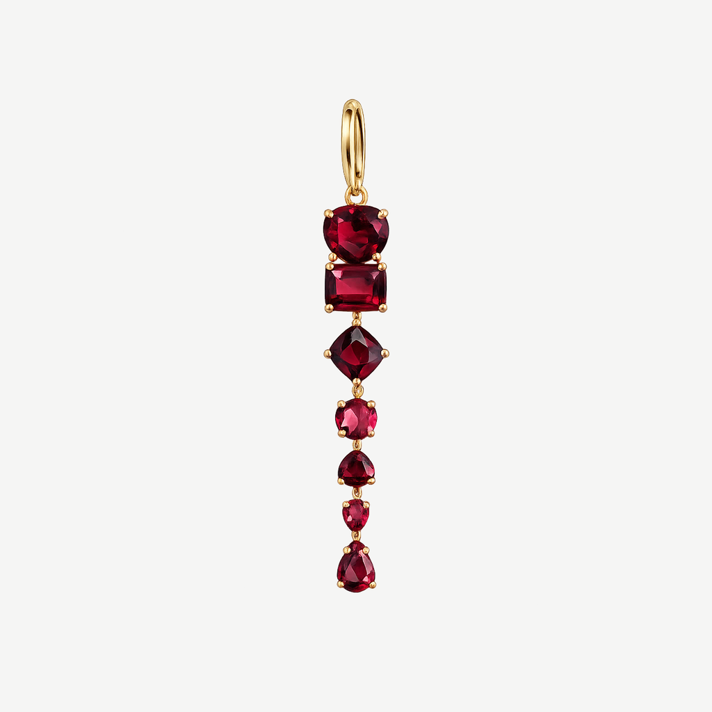 Full-length Dominique earring with seven red garnets in assorted cuts linked beneath a small 18K gold hoop.