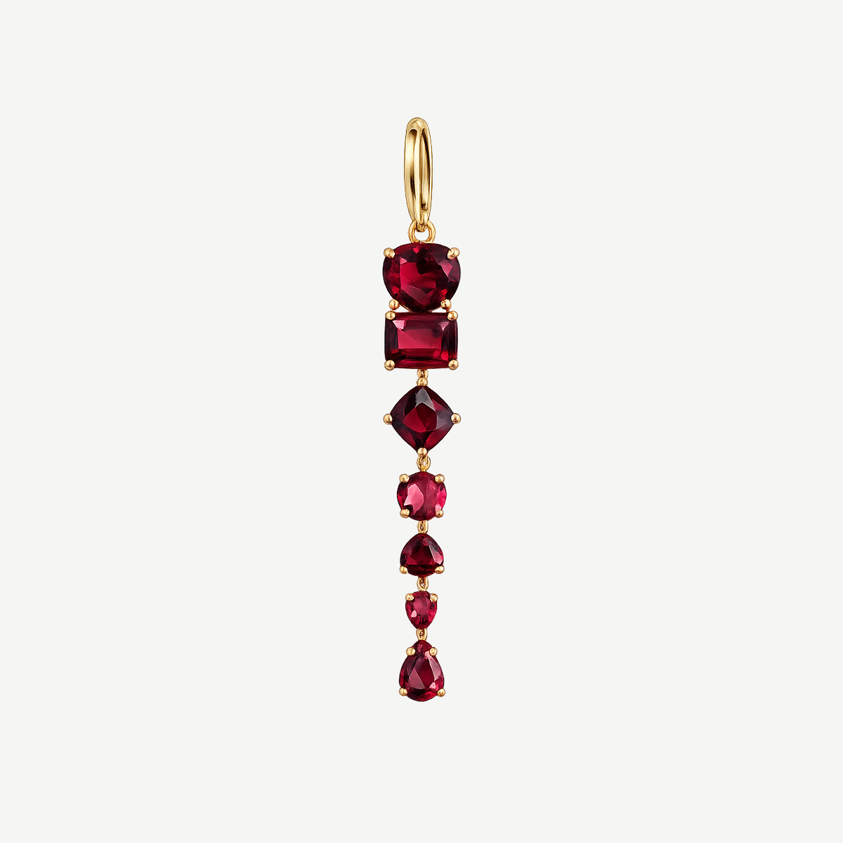 Full-length Dominique earring with seven red garnets in assorted cuts linked beneath a small 18K gold hoop.