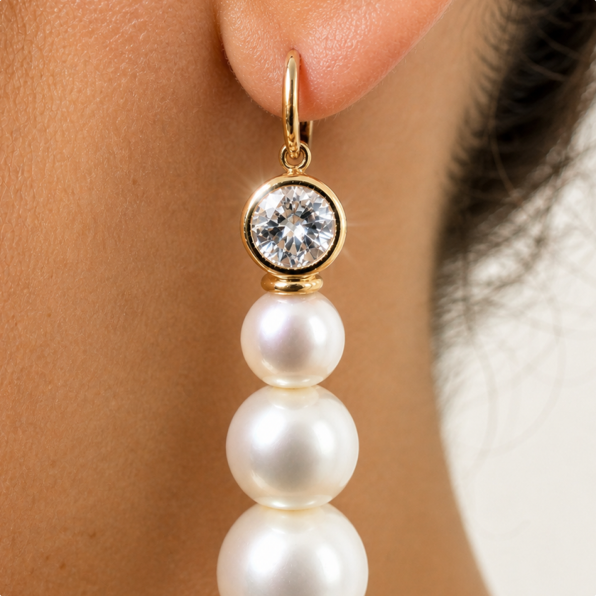 Close-up of a Farah earring worn at the ear, showing the gold hoop, round white sapphire and graduated freshwater pearls.