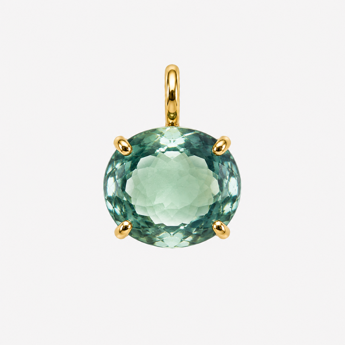 Round pale green gemstone charm with a faceted face, four 18K gold claws and a polished gold bail.