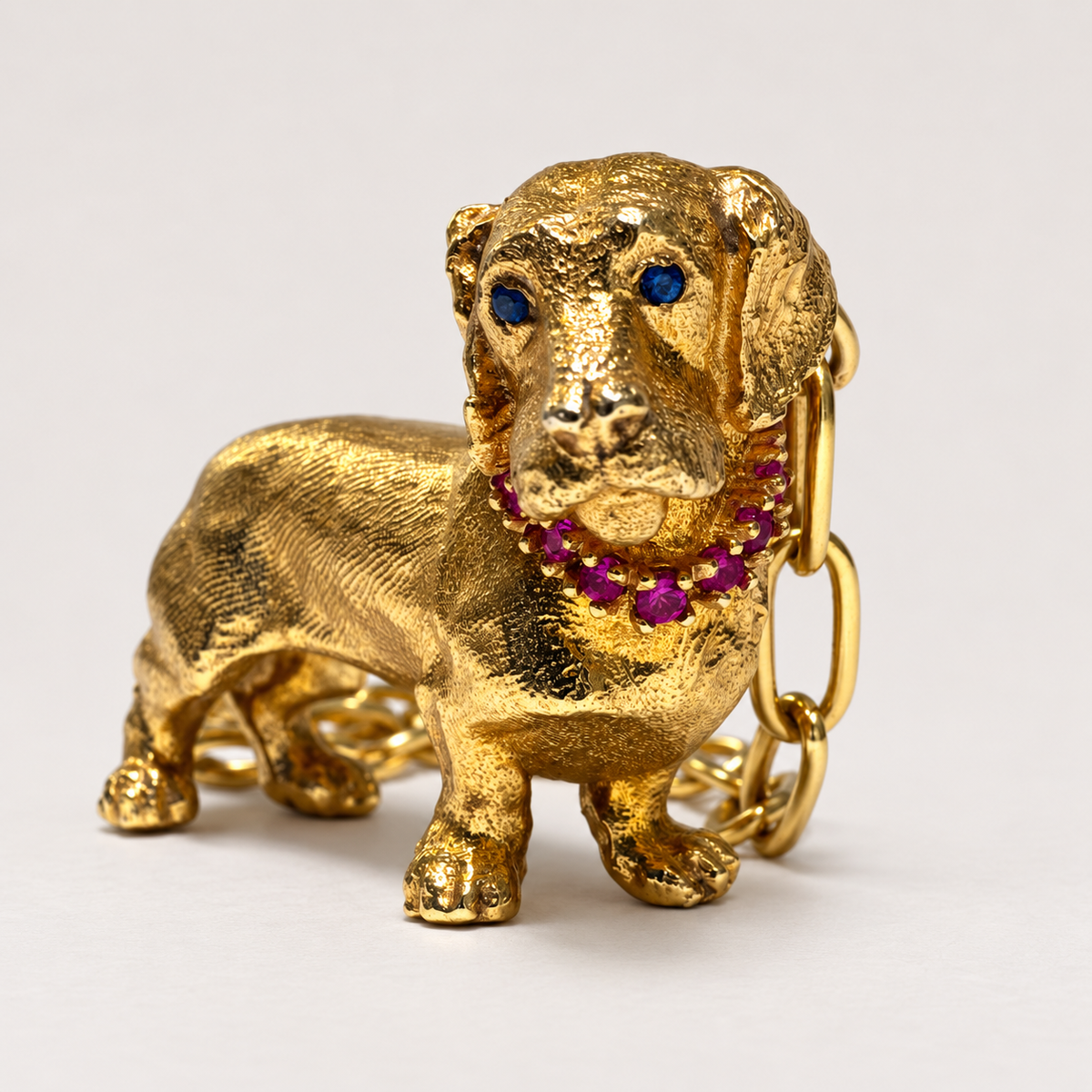 Gatsby dachshund pendant in textured 18K gold, shown from the front with gemstone eyes and a ruby collar.