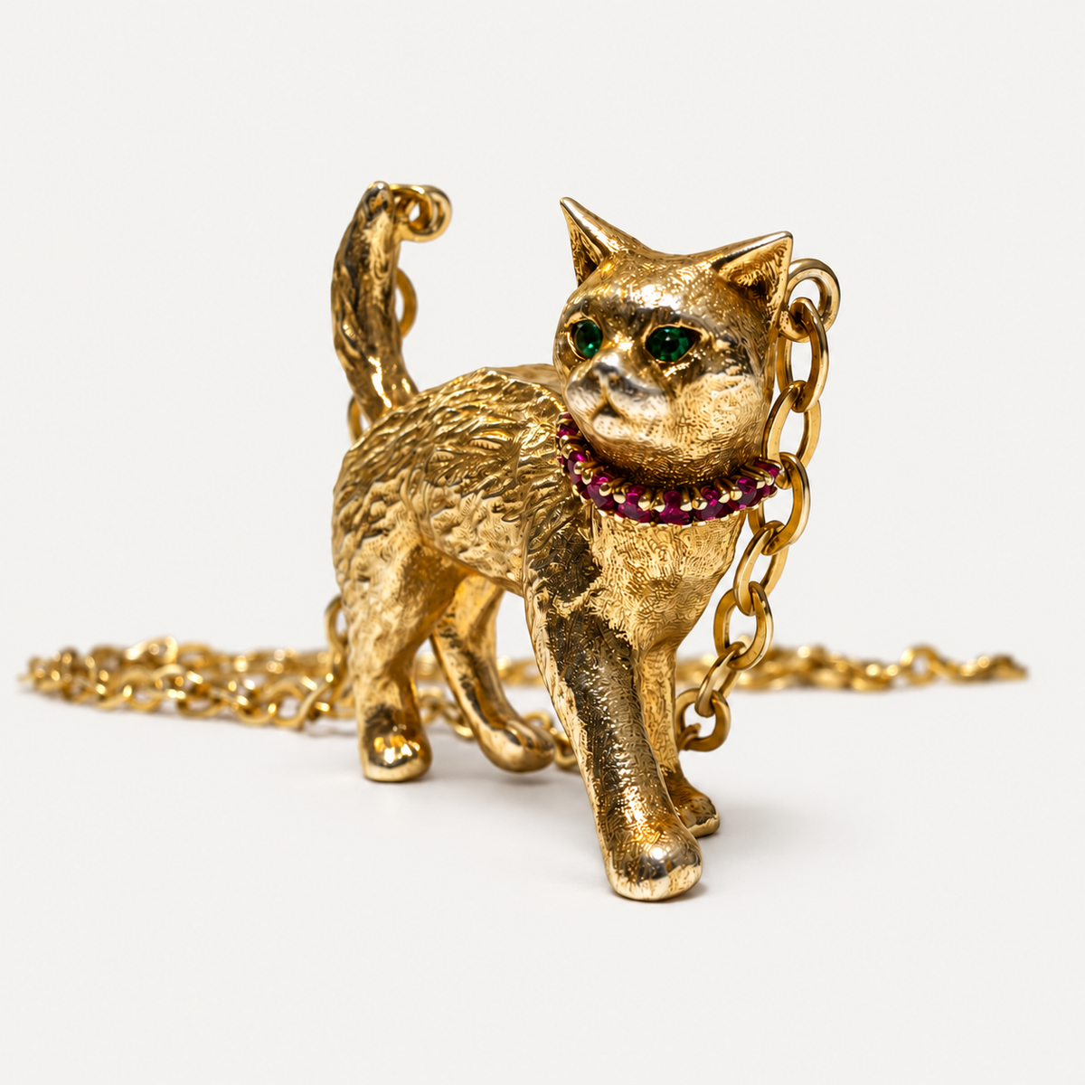 Front close-up of the Gigi 18K gold cat pendant showing emerald eyes, a ruby collar and raised tail.