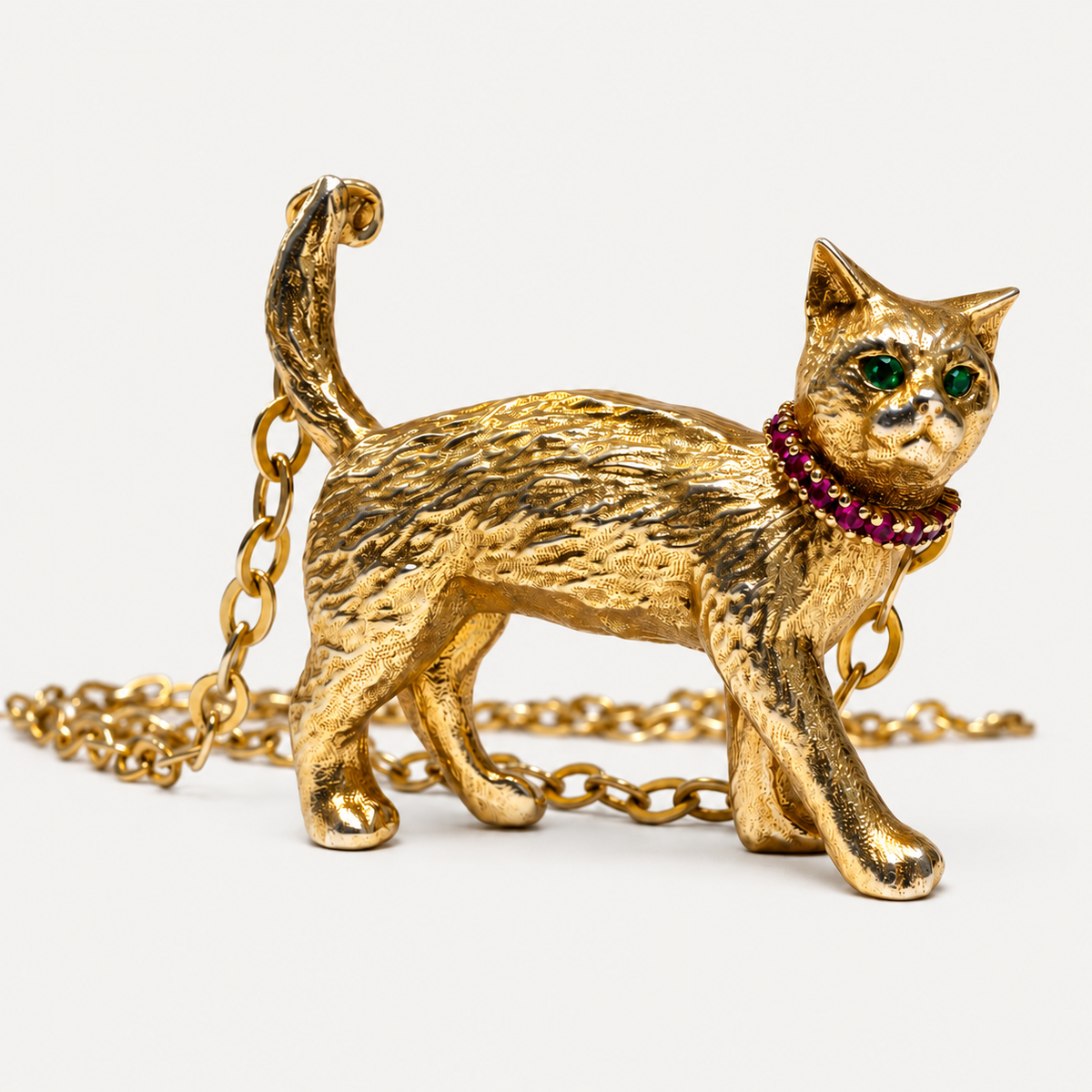 Side view of the Gigi textured gold cat pendant with emerald eyes, ruby collar and its gold link chain on a white background.