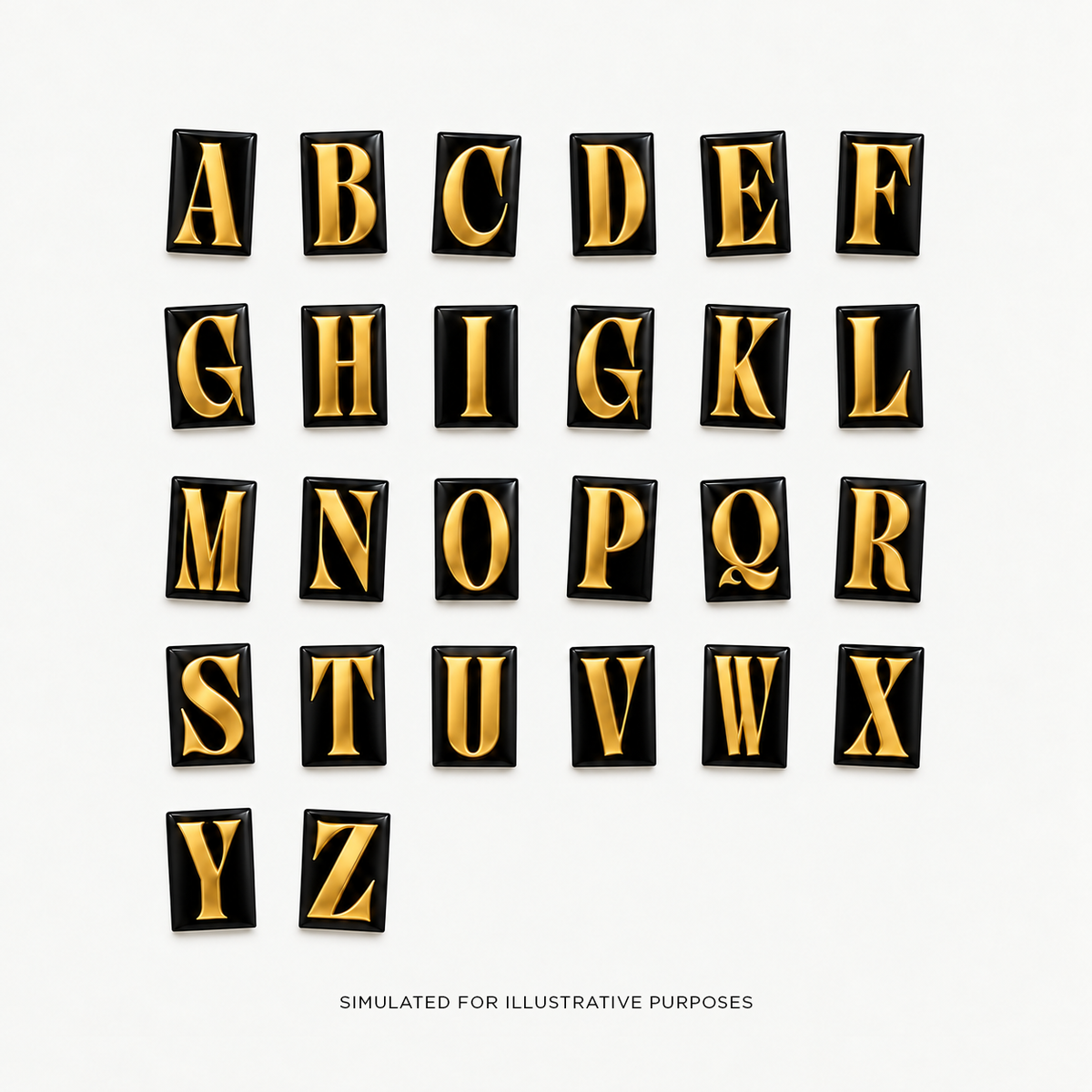 Gold serif initial letters on black rectangular panels, arranged in an alphabet-style grid on a white background.