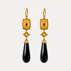 Back of the Lara citrine and black onyx earrings, showing gold floral detailing with small red accents behind the rectangular stones.