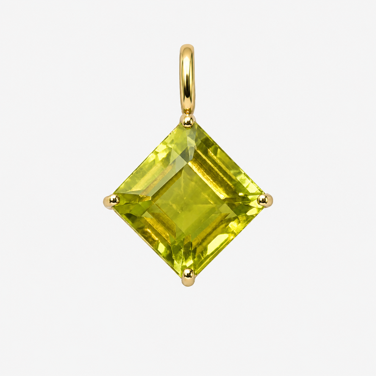 Diamond-shaped yellow-green lemon quartz charm with four 18K gold corner claws and a gold bail, front view.