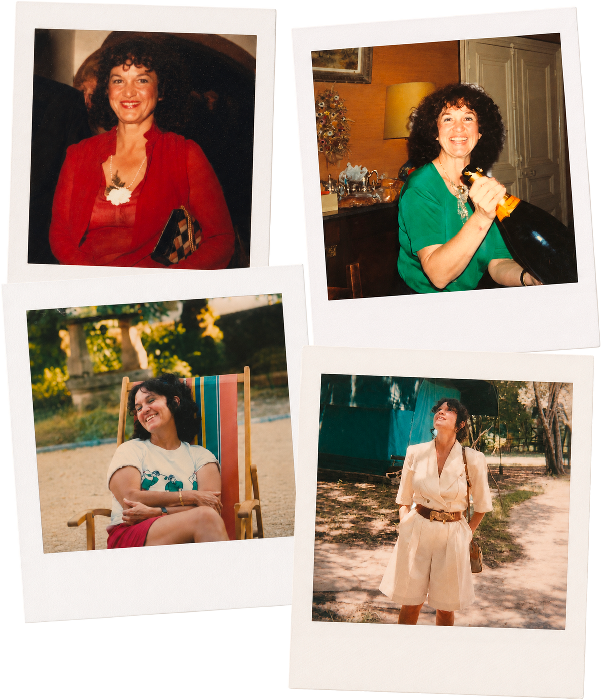 Four family photographs of Elisabeth, the studio’s namesake, wearing colourful outfits and statement jewellery at celebrations and outdoors.