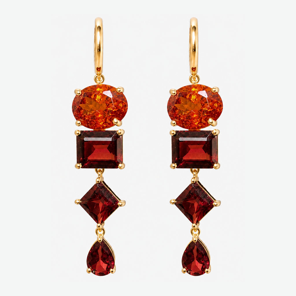 Pair of Nathalie 18K gold earrings, each with an orange-red oval garnet above three deep red garnets in square, diamond and pear shapes.