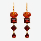Pair of Nathalie 18K gold earrings, each with an orange-red oval garnet above three deep red garnets in square, diamond and pear shapes.