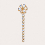 Full-length front view of the Nayla 18K gold earring, with a rainbow moonstone flower and a long graduated drop of round stones.