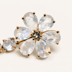 Close-up of the Nayla earring flower, showing six pear-shaped rainbow moonstone petals held in 18K gold claws.