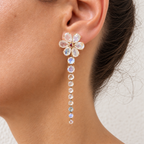 Nayla rainbow moonstone earring worn on a model, with a flower at the ear and a long line of round stones in gold.