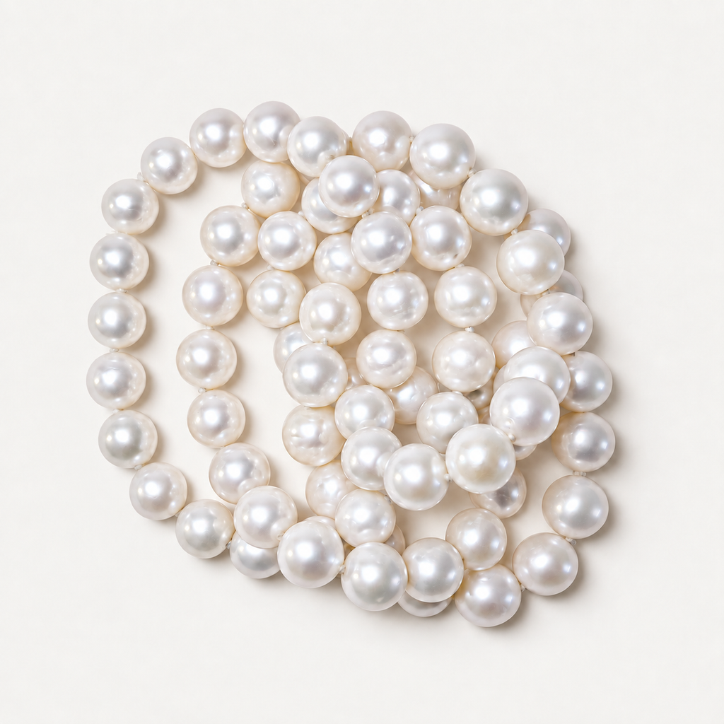 Freshwater pearl necklace coiled in a circle on a white background.