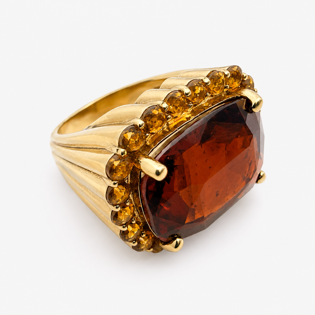 Angled close-up of the Raj garnet and citrine ring, showing the faceted red centre stone and fluted gold shoulder.
