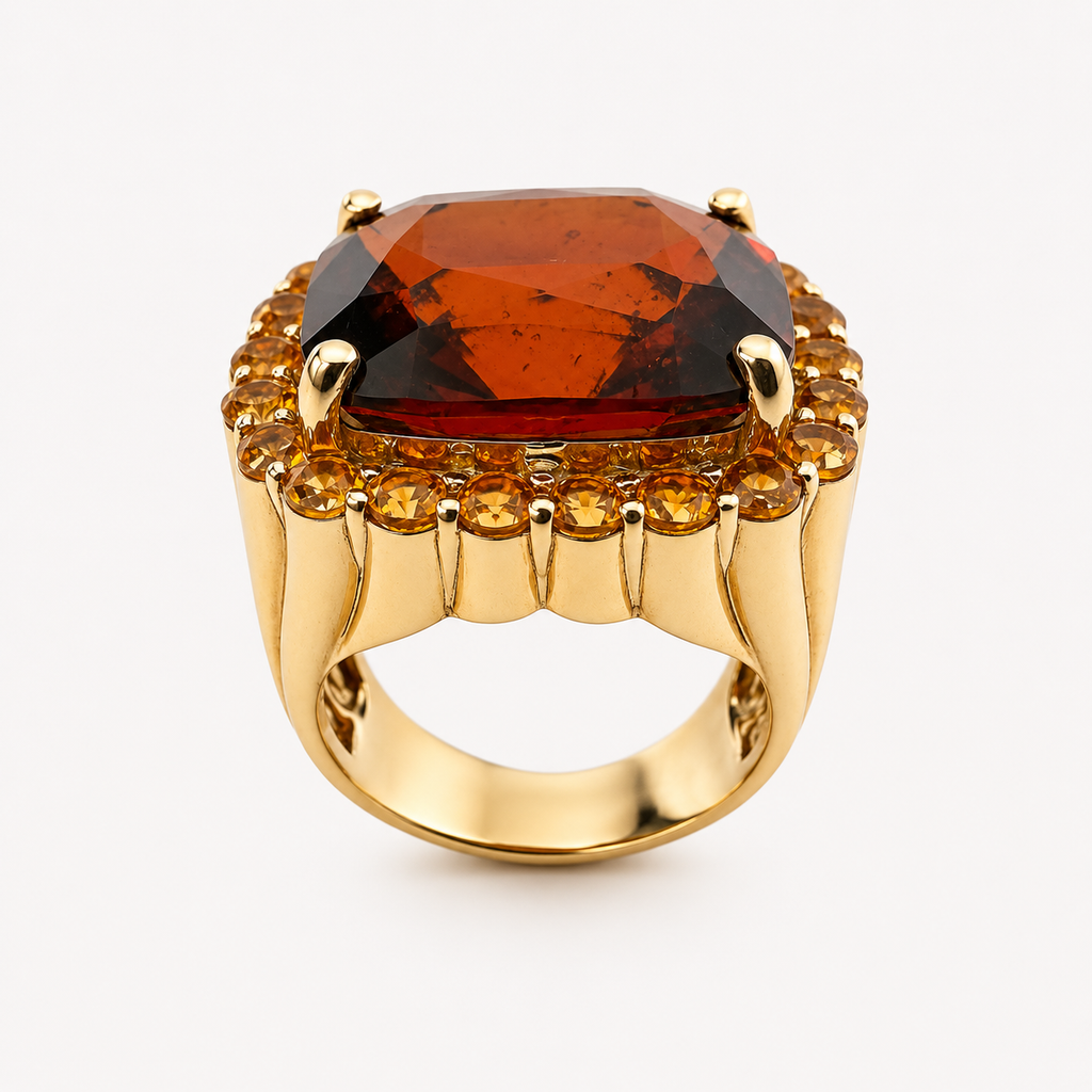 Raised view of the Raj ring, showing its large garnet, golden citrine halo and sculpted 18K gold setting above the band.