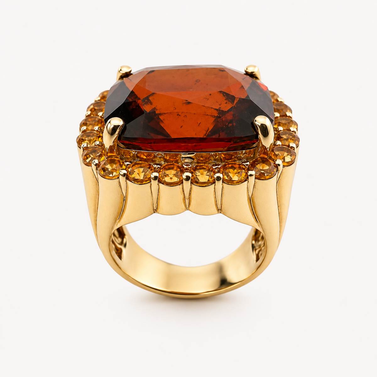 Raised view of the Raj ring, showing its large garnet, golden citrine halo and sculpted 18K gold setting above the band.