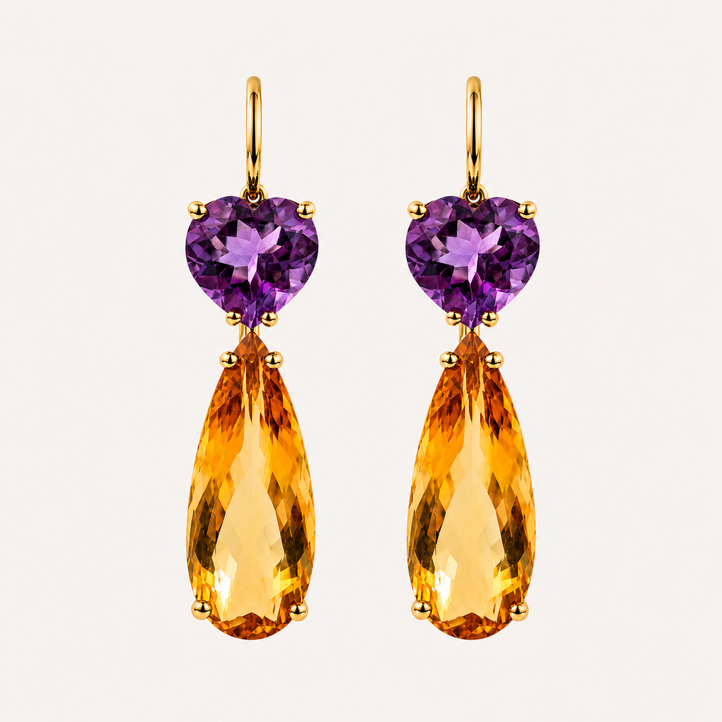 Pair of Roubini 18K gold earrings with heart-shaped purple amethysts and elongated pear-shaped golden citrine drops.