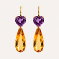 Pair of Roubini 18K gold earrings with heart-shaped purple amethysts and elongated pear-shaped golden citrine drops.