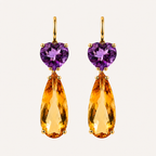 Pair of Roubini 18K gold earrings with heart-shaped purple amethysts and elongated pear-shaped golden citrine drops.