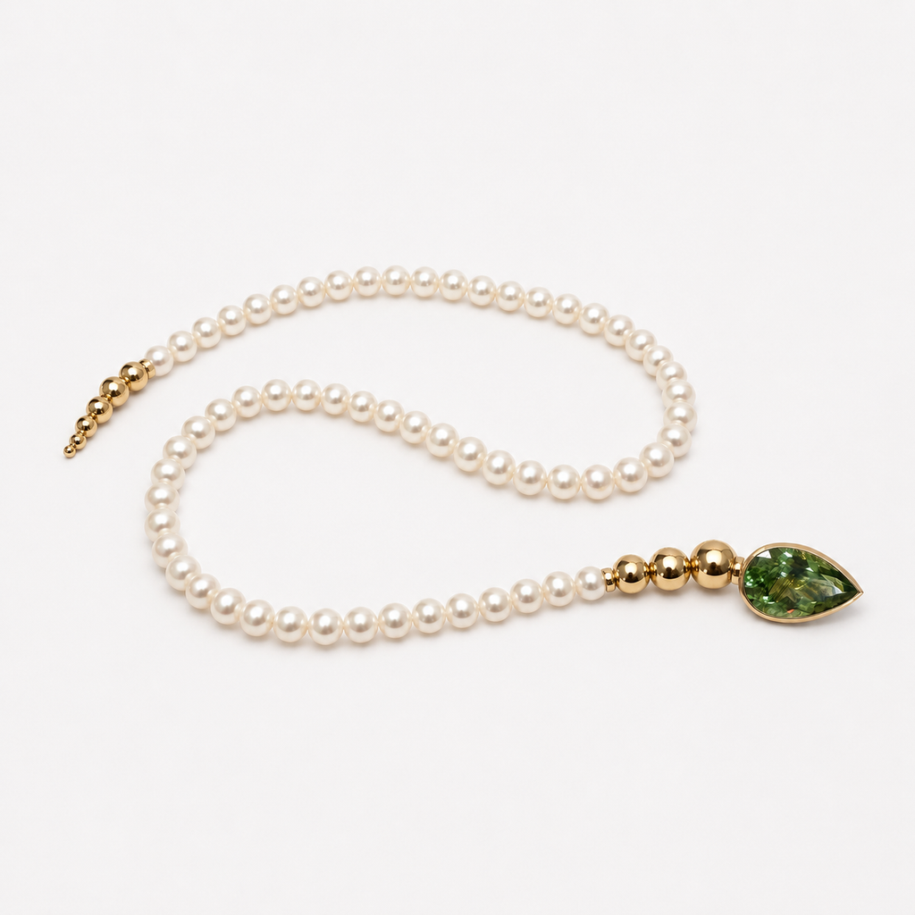 Salwa necklace laid out in a curve, showing freshwater pearls, graduated 18K gold beads and a pear-shaped green peridot clasp.