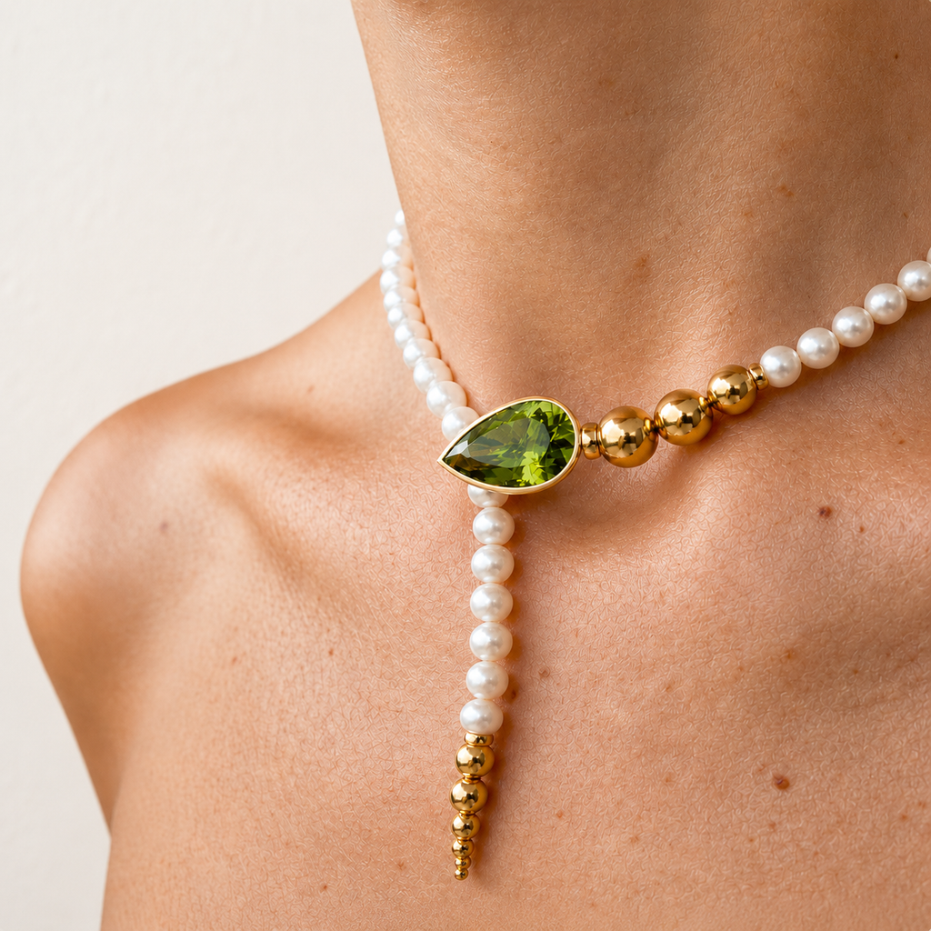 Salwa pearl necklace worn as a choker, with a green peridot snake-head clasp, gold beads and a dangling pearl tail.