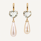 Pair of Sandy 18K gold earrings with pale green heart-shaped gemstones and two individually shaped freshwater pearl drops.