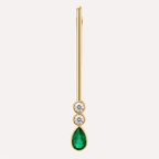 Full-length front view of the Serena 18K gold stick earring, with two round aquamarines and a green emerald teardrop.