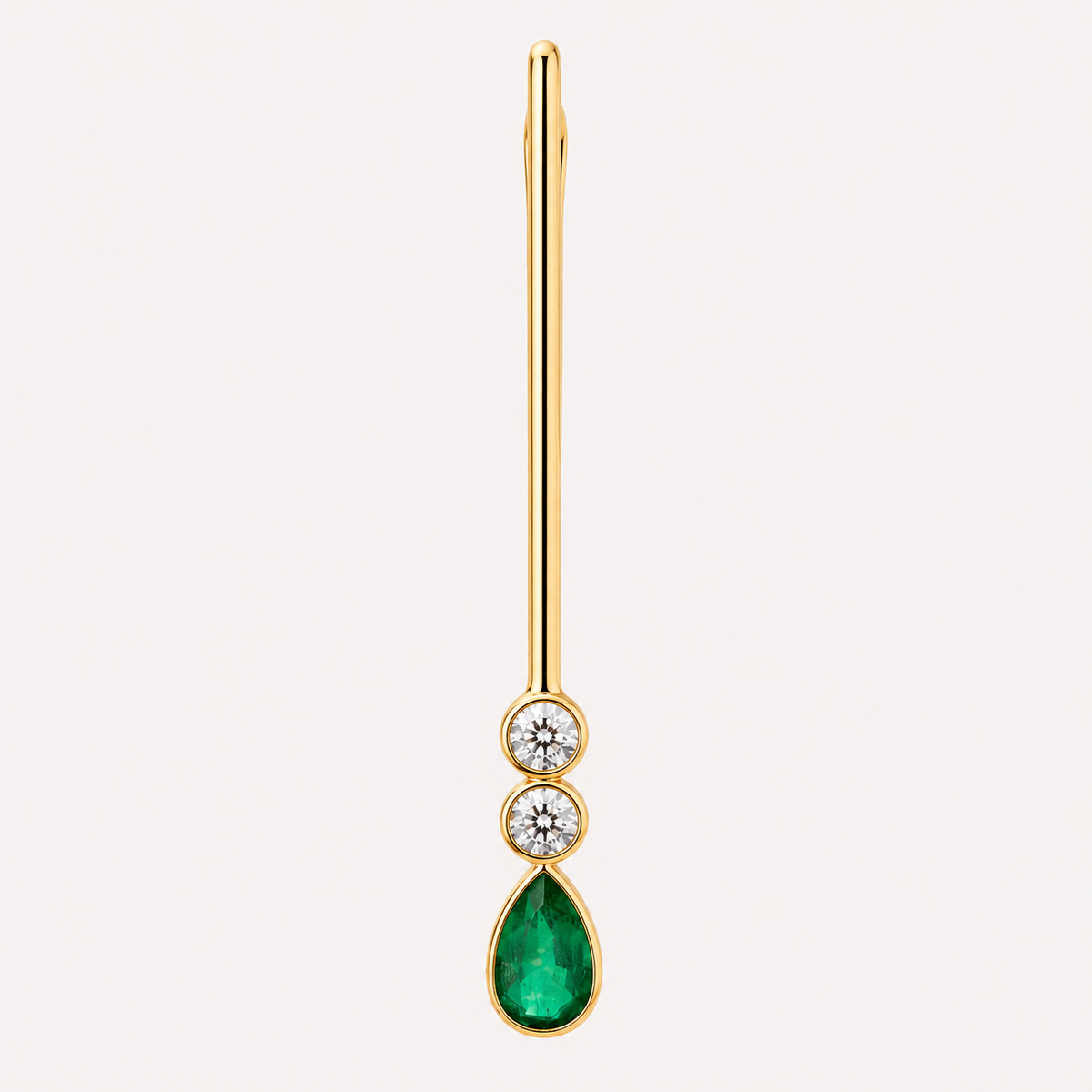 Full-length front view of the Serena 18K gold stick earring, with two round aquamarines and a green emerald teardrop.