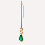 Angled view of the Serena emerald and aquamarine earring, showing the long gold hook behind the slender bar and bezel-set stones.