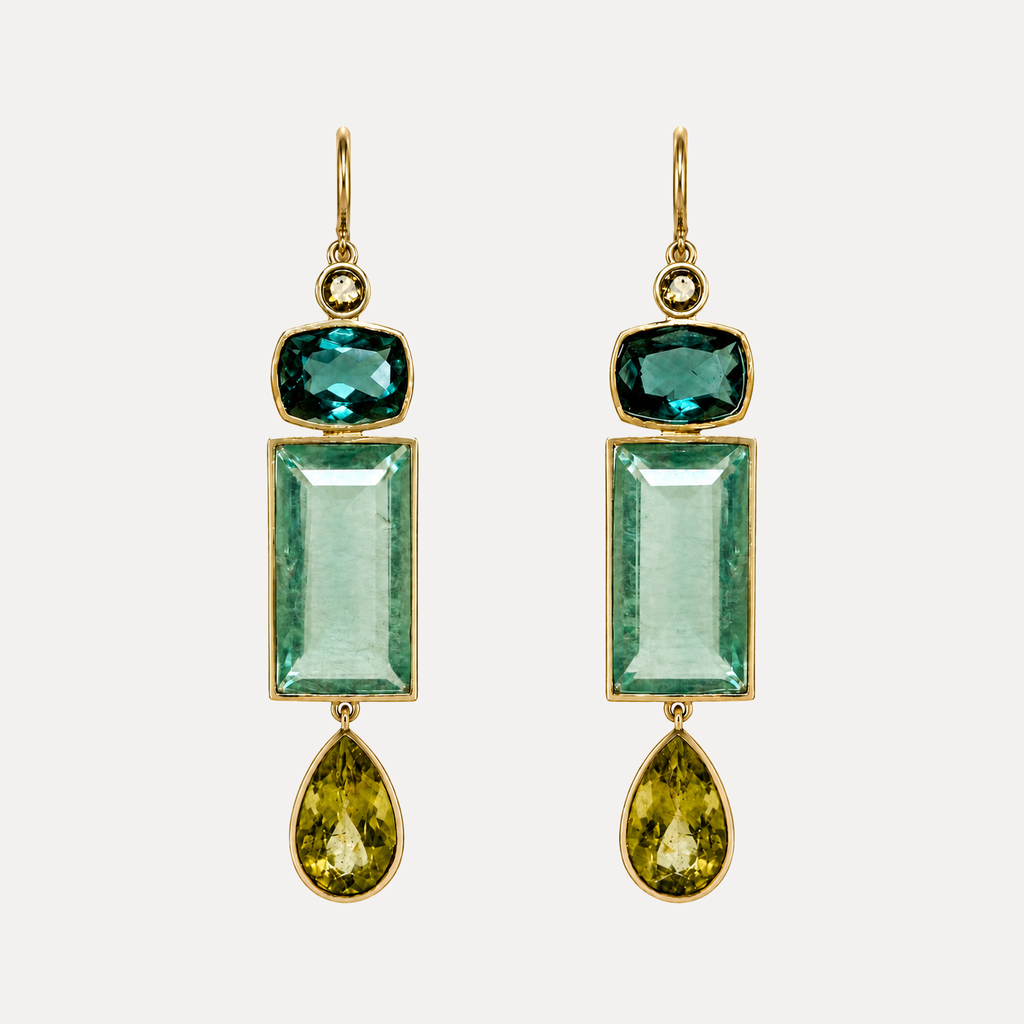 Pair of Souraya 18K gold earrings with dark green tourmalines, long rectangular green fluorites and olive tourmaline teardrops.