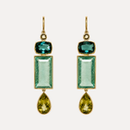Pair of Souraya 18K gold earrings with dark green tourmalines, long rectangular green fluorites and olive tourmaline teardrops.