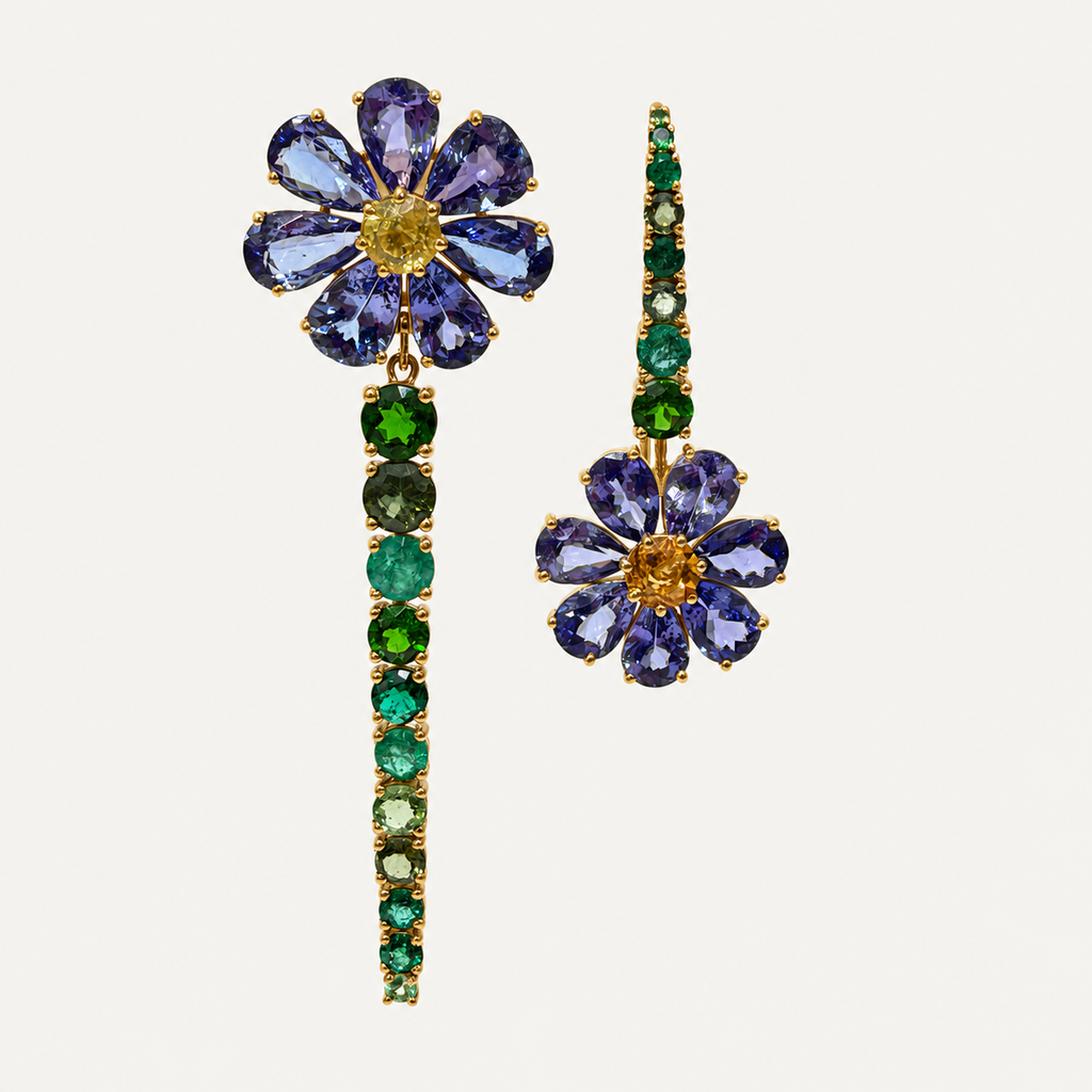 Pair of mismatched Violette earrings with tanzanite flowers, yellow centres and green gemstone drops in 18K gold.
