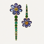 Pair of mismatched Violette earrings with tanzanite flowers, yellow centres and green gemstone drops in 18K gold.