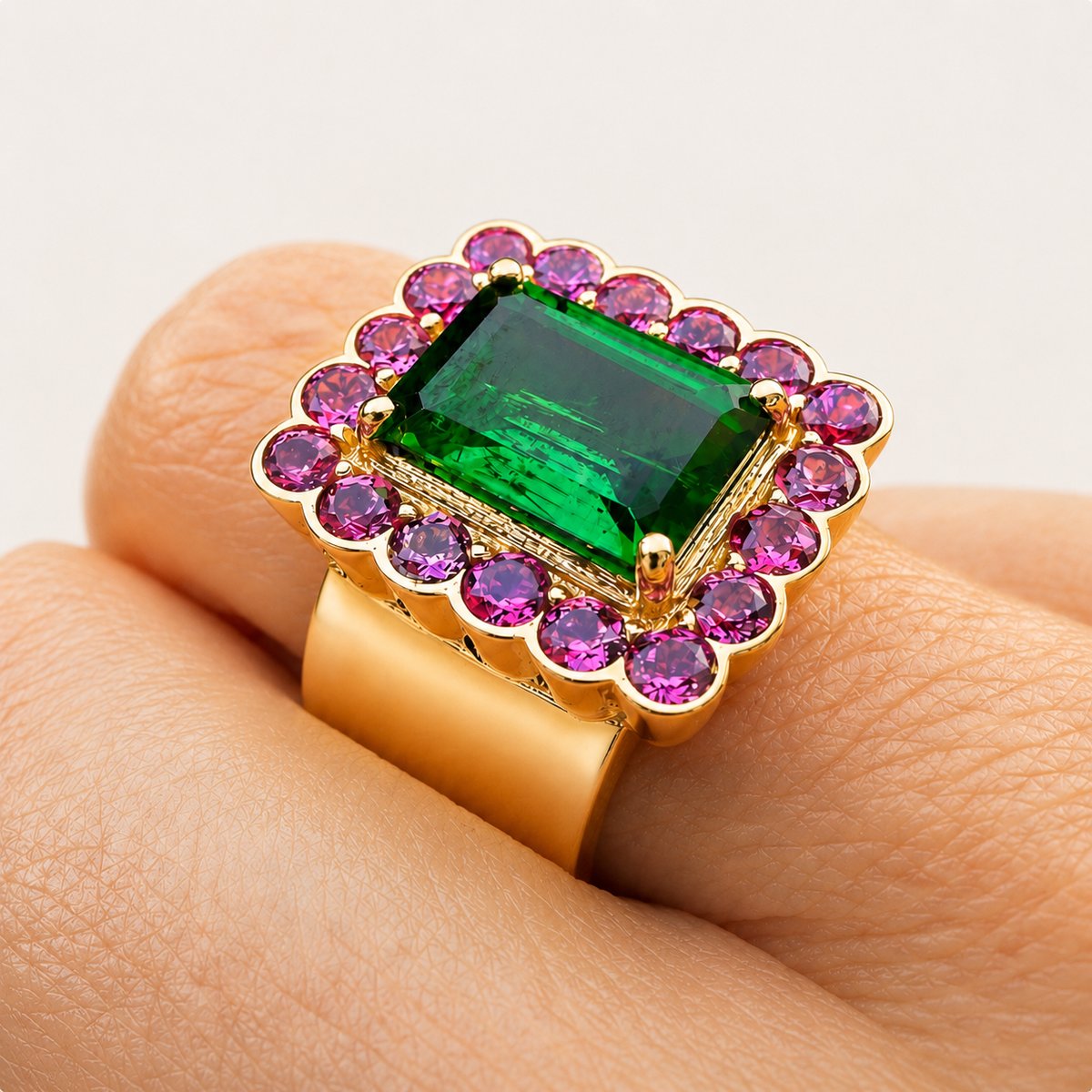 Close-up of the Zahra ring worn on a finger, showing the step-cut green tourmaline and scalloped halo of pink rhodolite garnets.