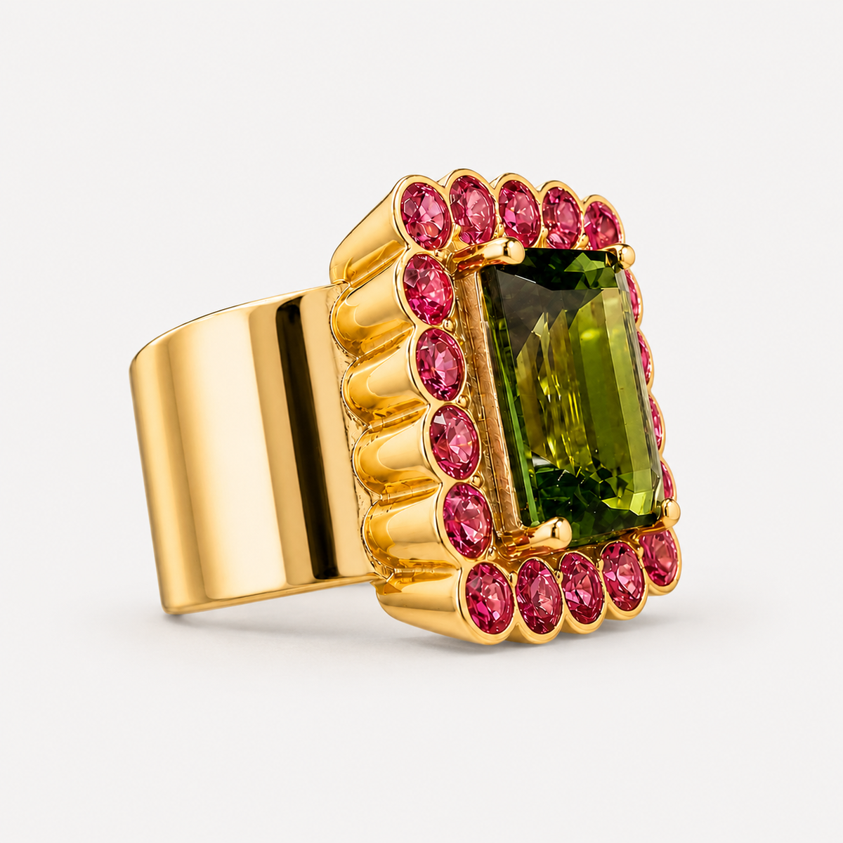 Angled view of the Zahra ring, showing its green tourmaline, pink rhodolite garnet border and wide polished 18K gold band.